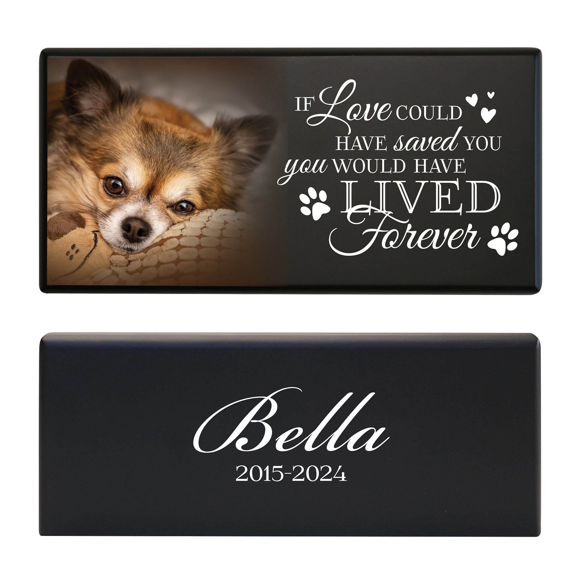 A black wooden pet urn for a pet with pawprints design and a heartfelt quote.
