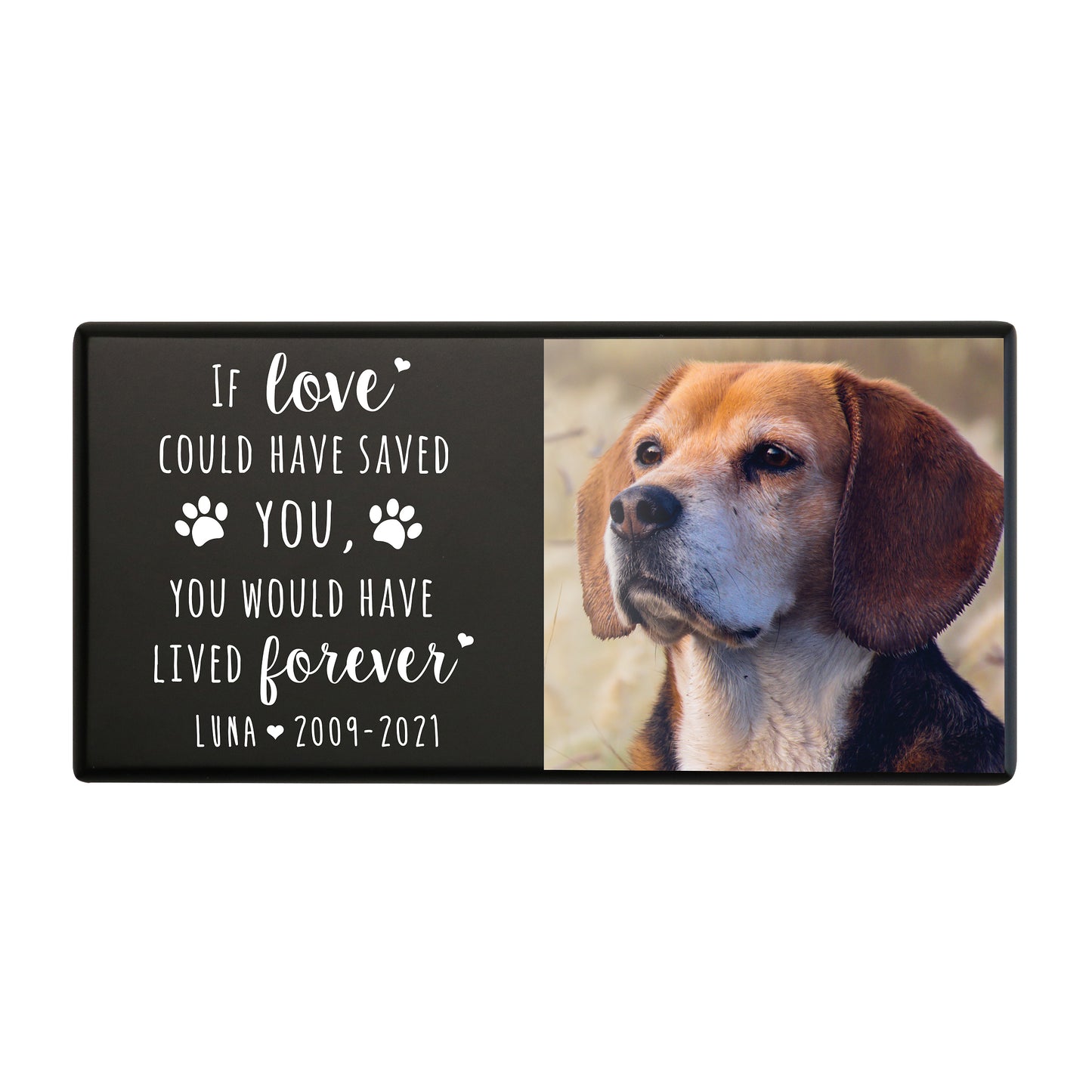 A black wooden pet urn for a pet with paw prints design and a heartfelt quote.