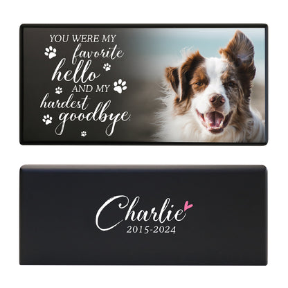 A black wooden dog urn for ashes featuring a joyful dog image, a touching farewell message, and a custom name and dates.