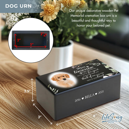 A black wooden urn for dog ashes, customizable with a photo and text, designed to hold up to 20 cubic inches.