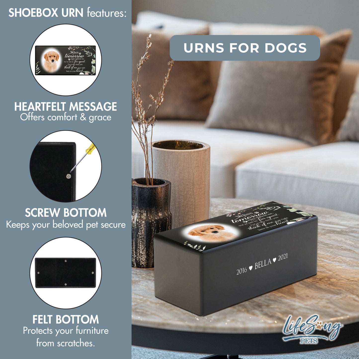A black shoebox-style pet urn with a touching poem, a pet’s photo, and symbolic elements of bereavement, remembrance, and sympathy.