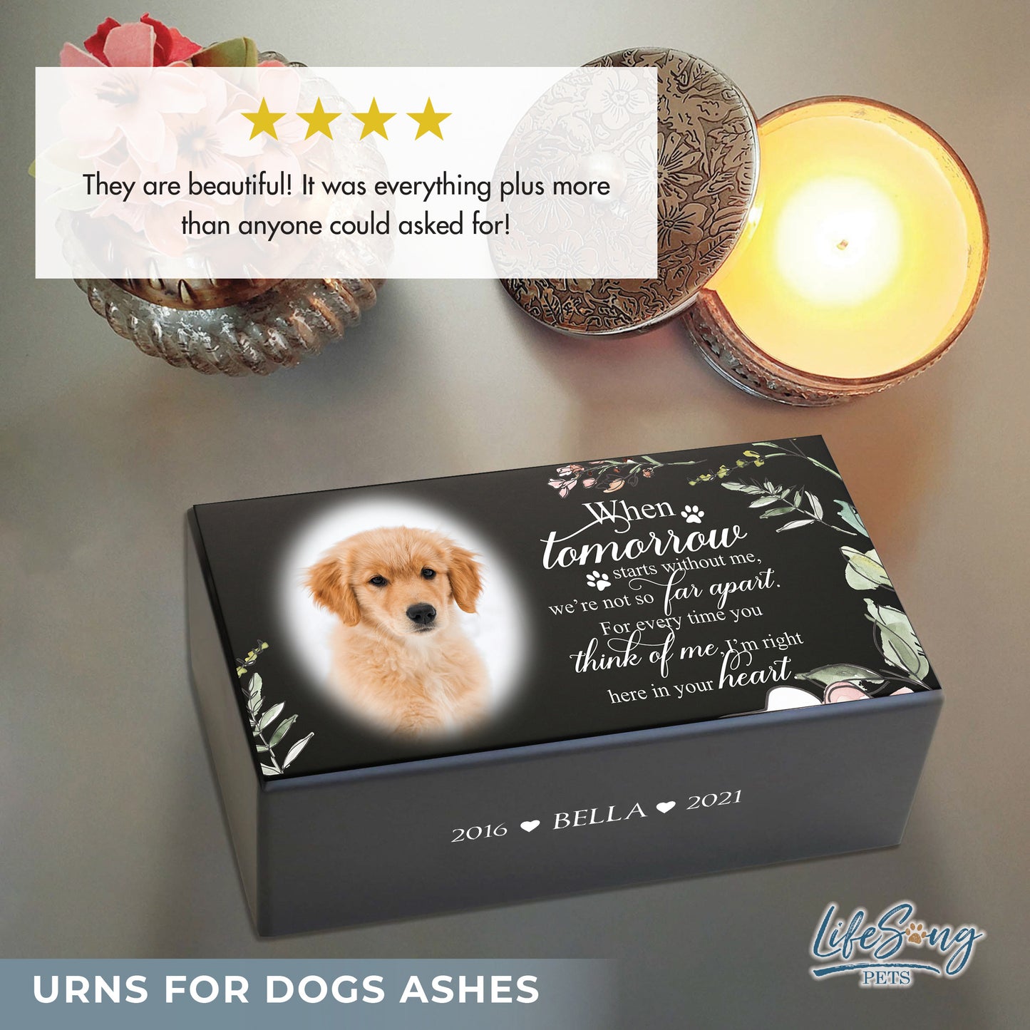 A customized pet memorial urn displayed on a shelf with decor, featuring text about personalization and handcrafted craftsmanship.