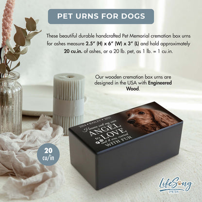 A black wooden urn for dog ashes, customizable with a photo and text, designed to hold up to 20 cubic inches.