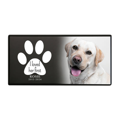 Dog Memorial Urn for Ashes with a white paw print and photo of a Labrador.