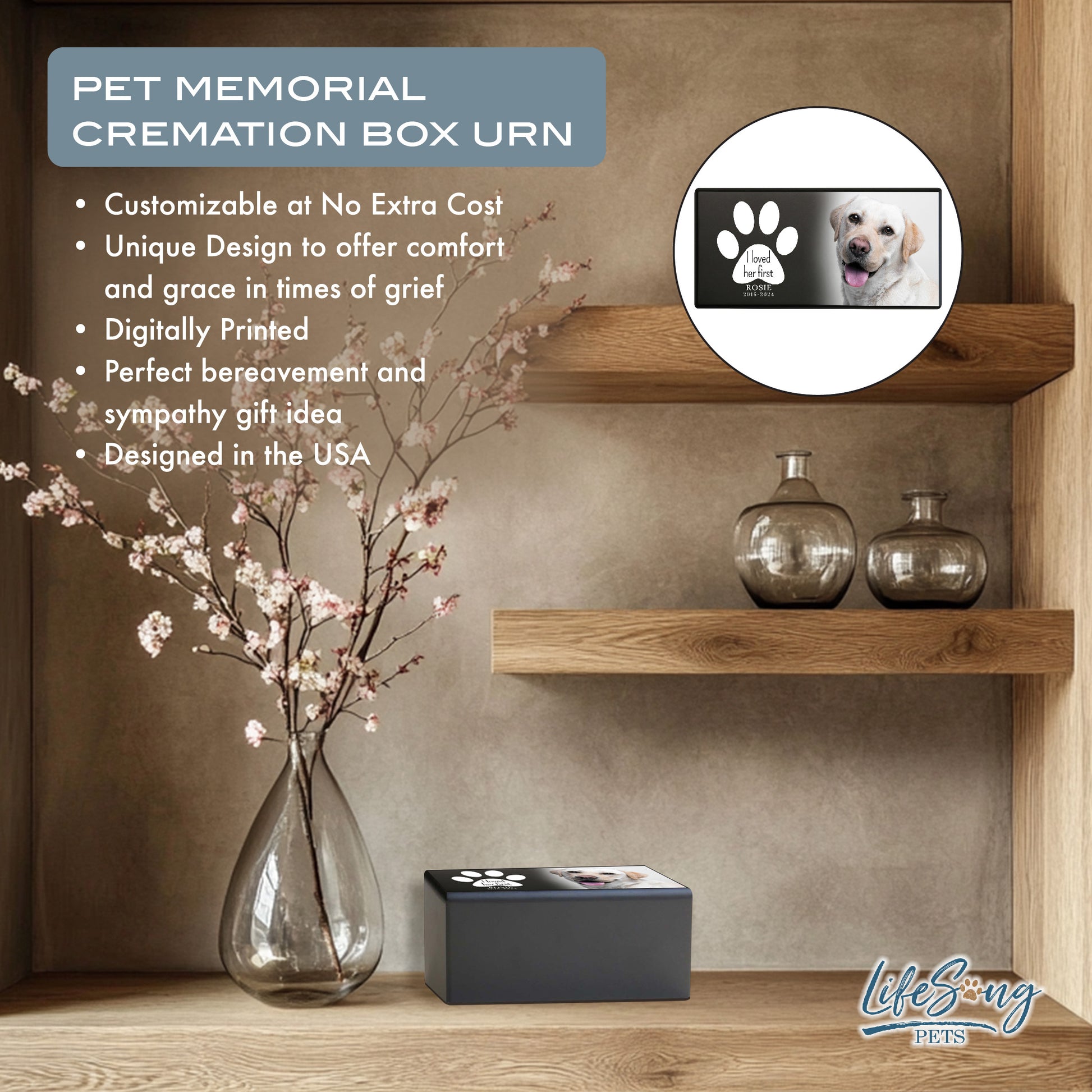 A black wooden urn for dog ashes, customizable with a photo and text, designed to hold up to 20 cubic inches.