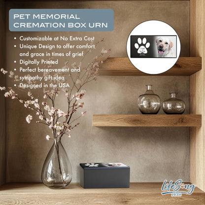 A black wooden urn for dog ashes, customizable with a photo and text, designed to hold up to 20 cubic inches.
