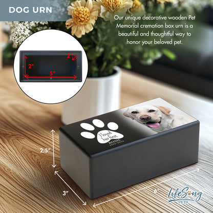 A black shoebox-style pet urn with a touching poem, a pet’s photo, and symbolic elements of bereavement, remembrance, and sympathy.