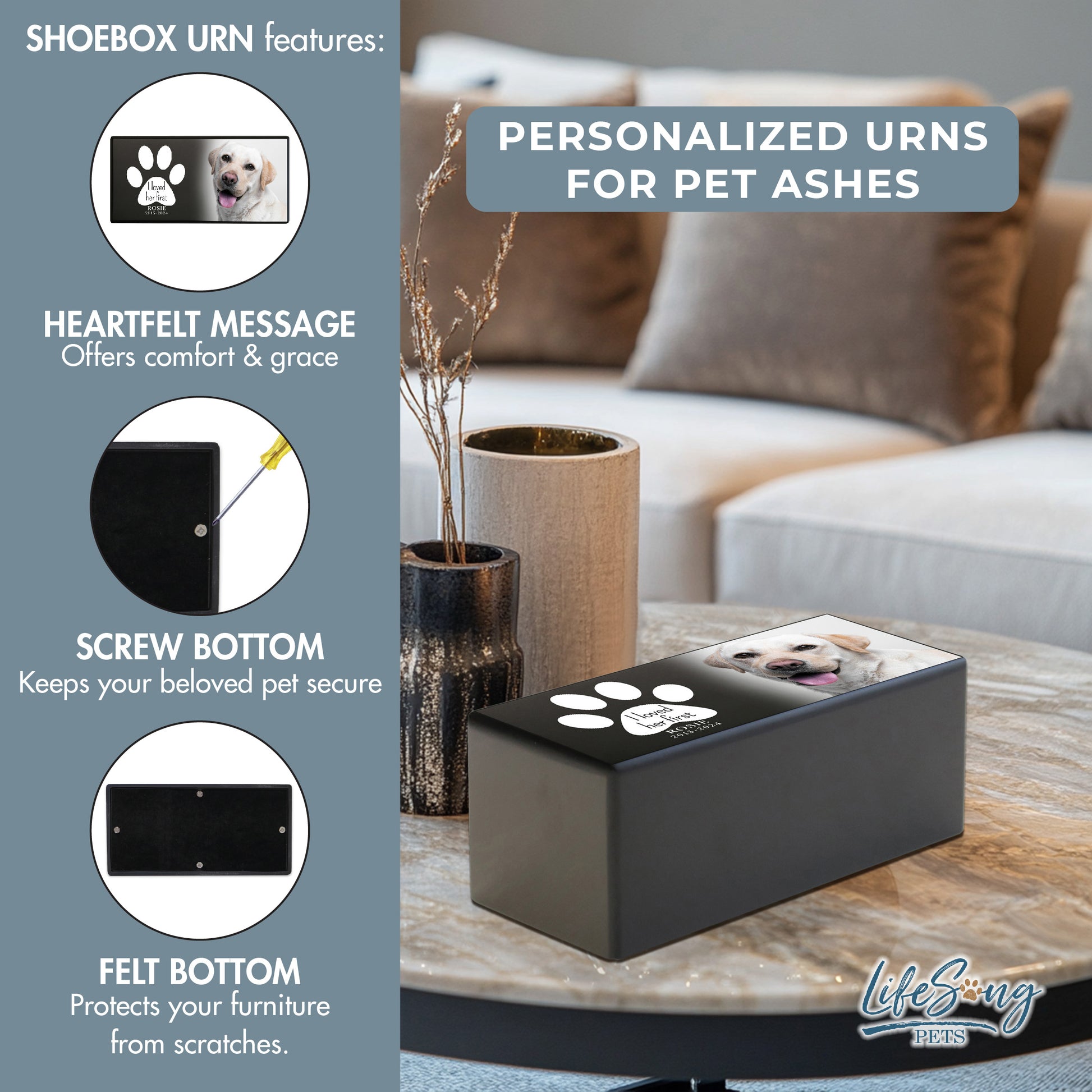 A customized pet memorial urn displayed on a shelf with decor, featuring text about personalization and handcrafted craftsmanship.