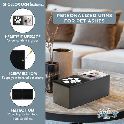 A customized pet memorial urn displayed on a shelf with decor, featuring text about personalization and handcrafted craftsmanship.