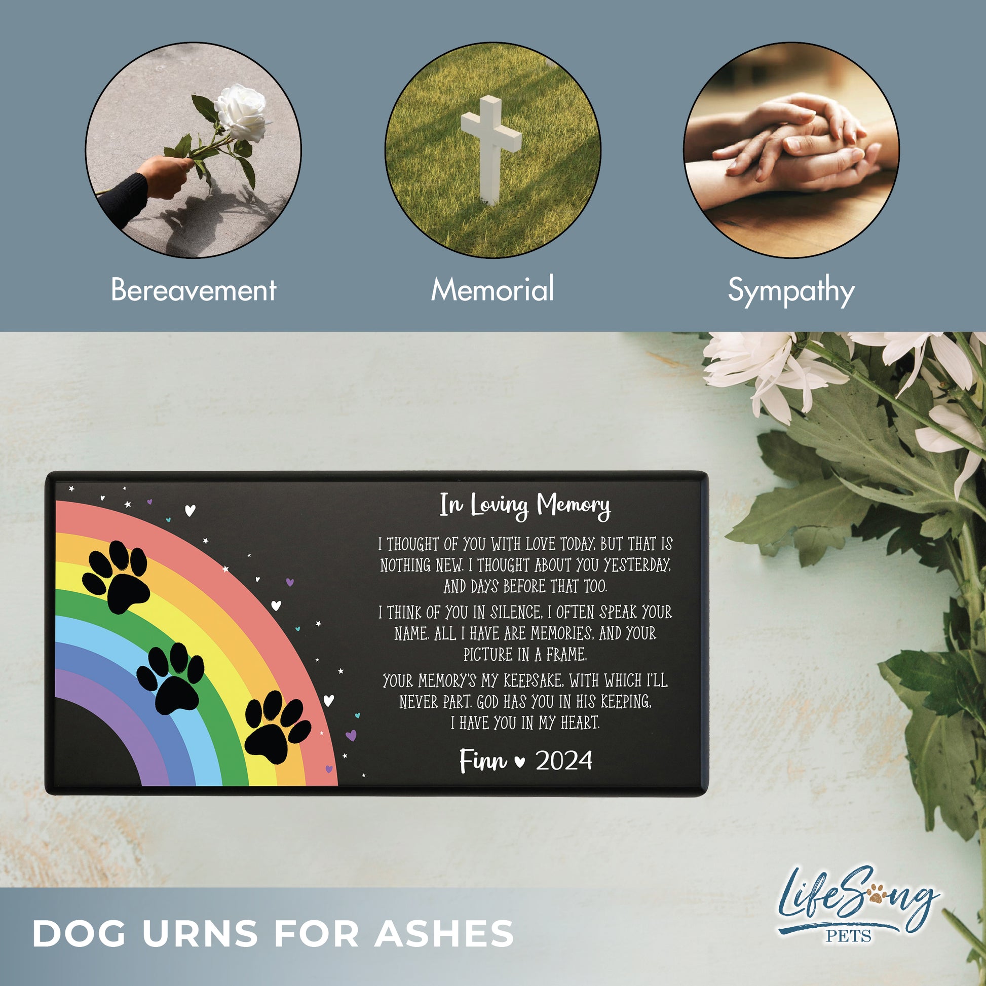 A black shoebox-style pet urn with a touching poem, a pet’s photo, and symbolic elements of bereavement, remembrance, and sympathy.
