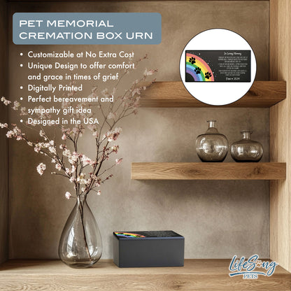 A customized pet memorial urn displayed on a shelf with decor, featuring text about personalization and handcrafted craftsmanship.