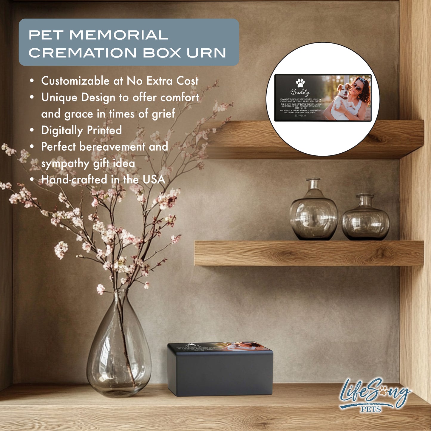 A customized pet memorial urn displayed on a shelf with decor, featuring text about personalization and handcrafted craftsmanship.