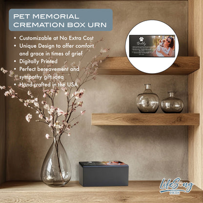 A customized pet memorial urn displayed on a shelf with decor, featuring text about personalization and handcrafted craftsmanship.
