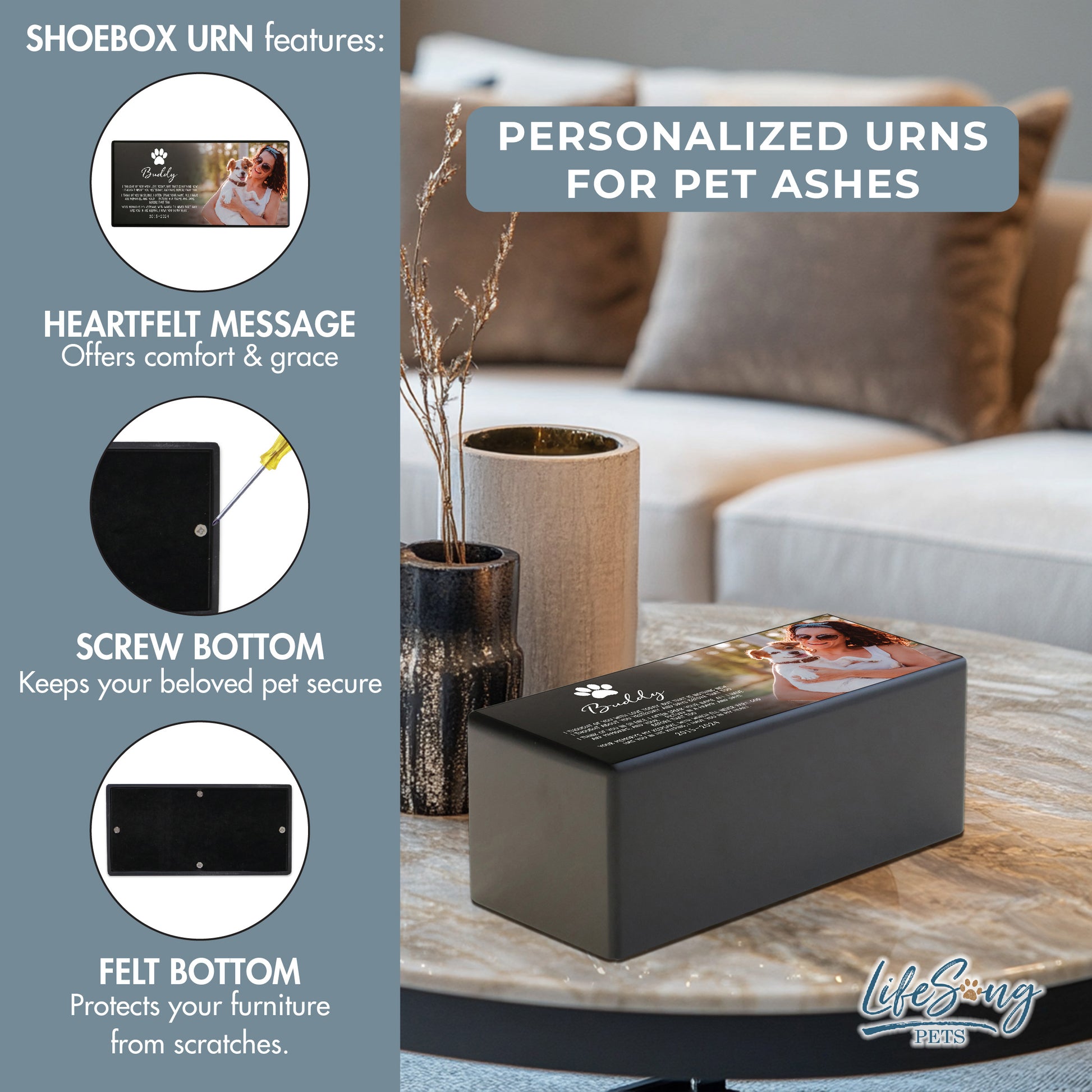 A black shoebox-style pet urn with a heartfelt inscription, secure screw bottom, and felt base for scratch protection.