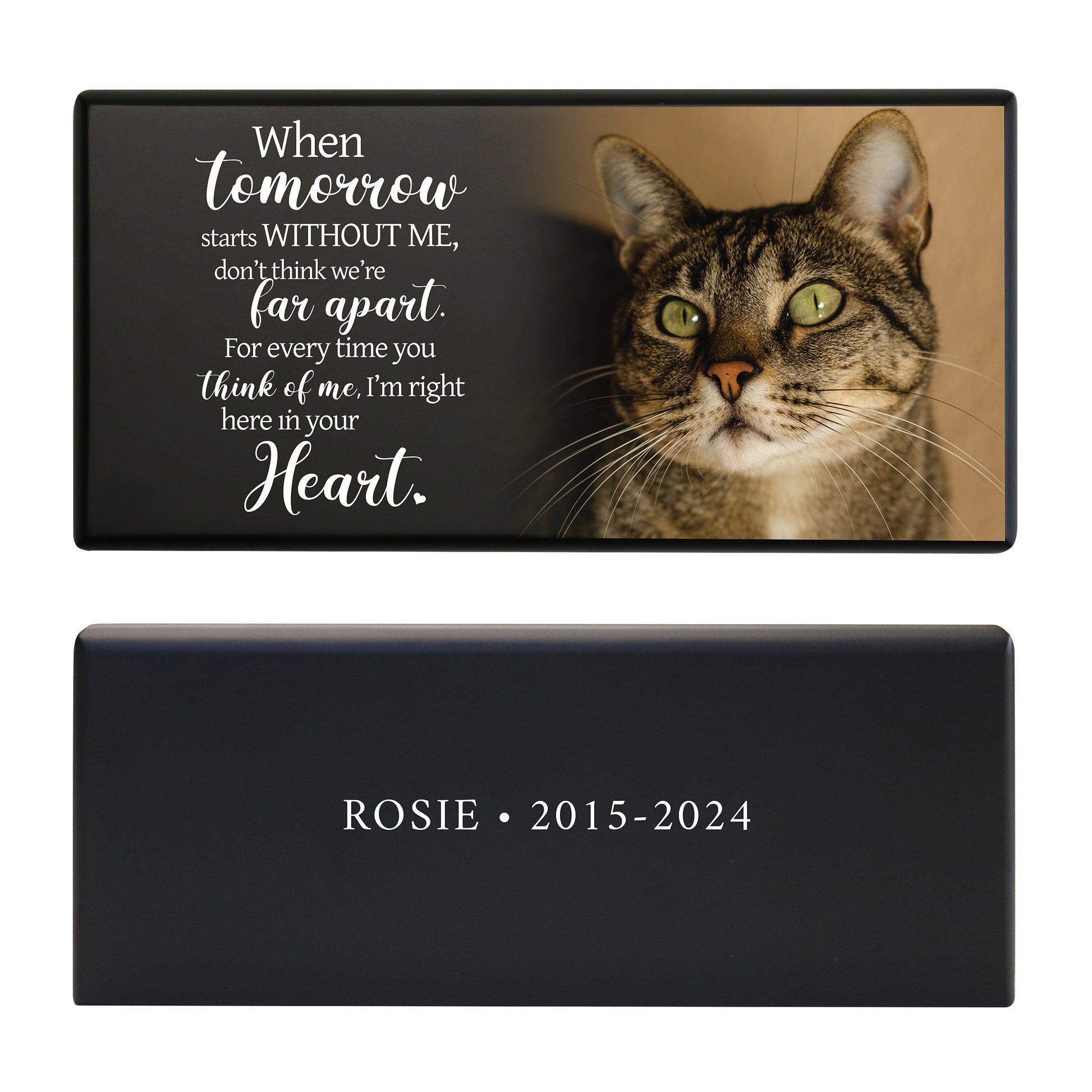 A black pet memorial urn box with a tabby cat image with a touching quote and a sleek black design.