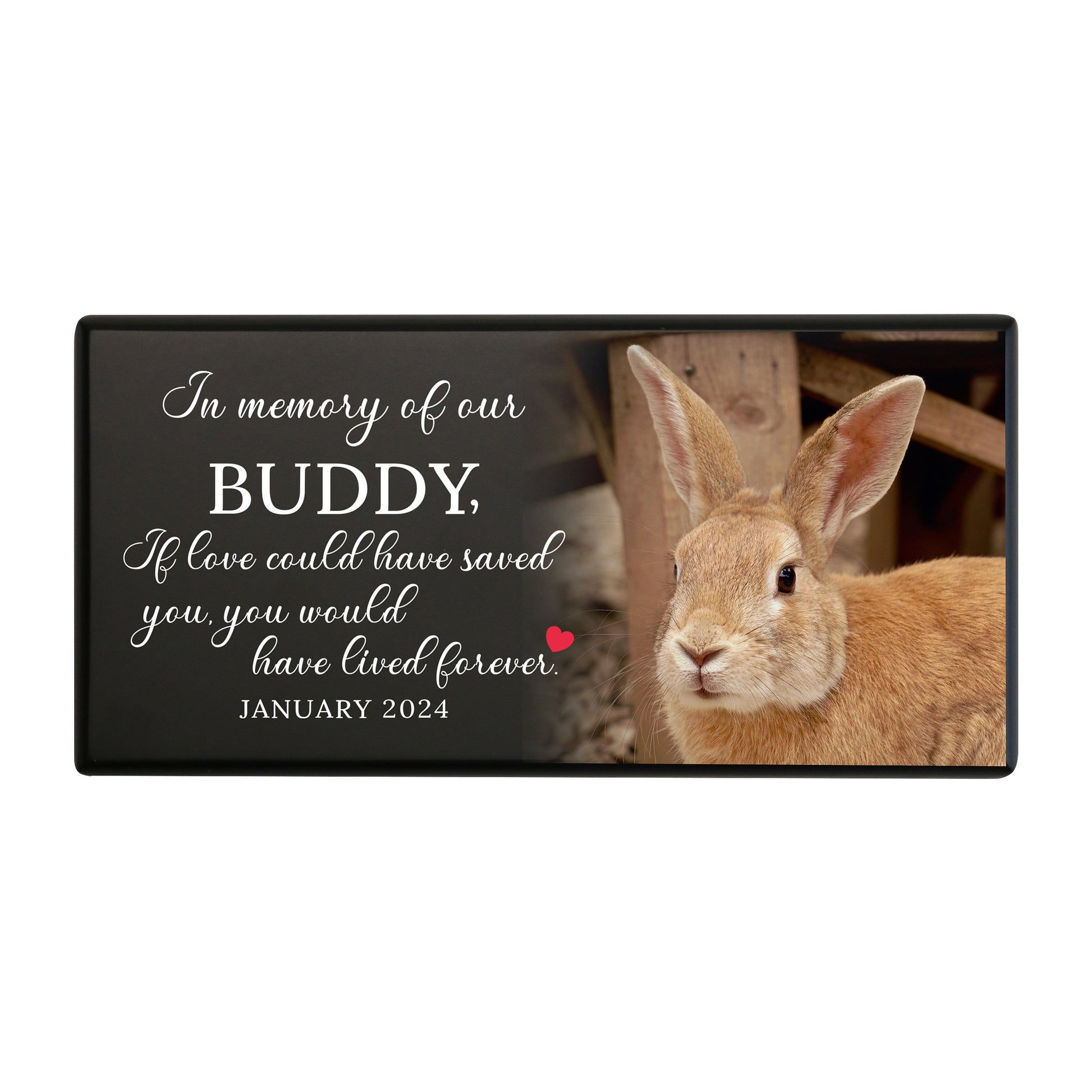 A black wooden pet urn for a pet with a heartfelt message.