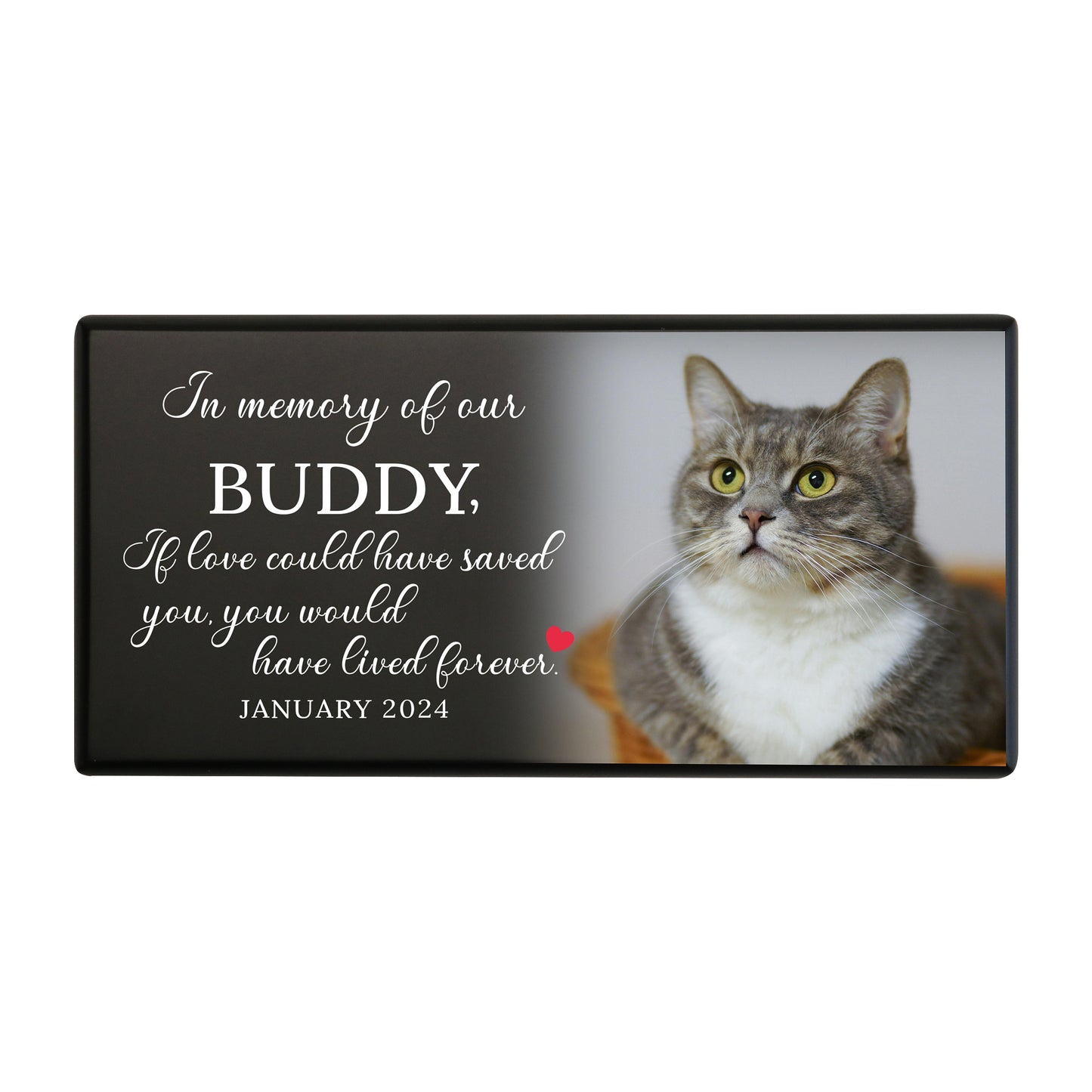 A black wooden pet urn for a cat with a heartfelt message.