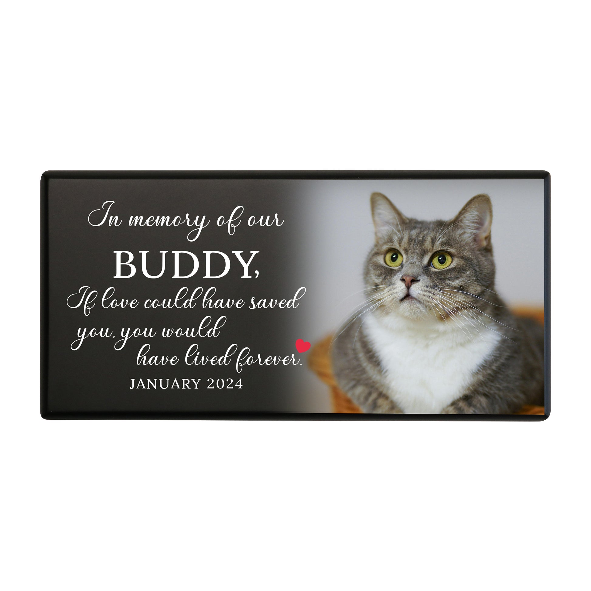 A black wooden pet urn for a cat with a heartfelt message.