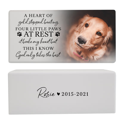 A white Pet Cremation Urn for Dogs featuring a photo, a heartfelt poem, and a custom engraving with the pet’s name and lifespan.