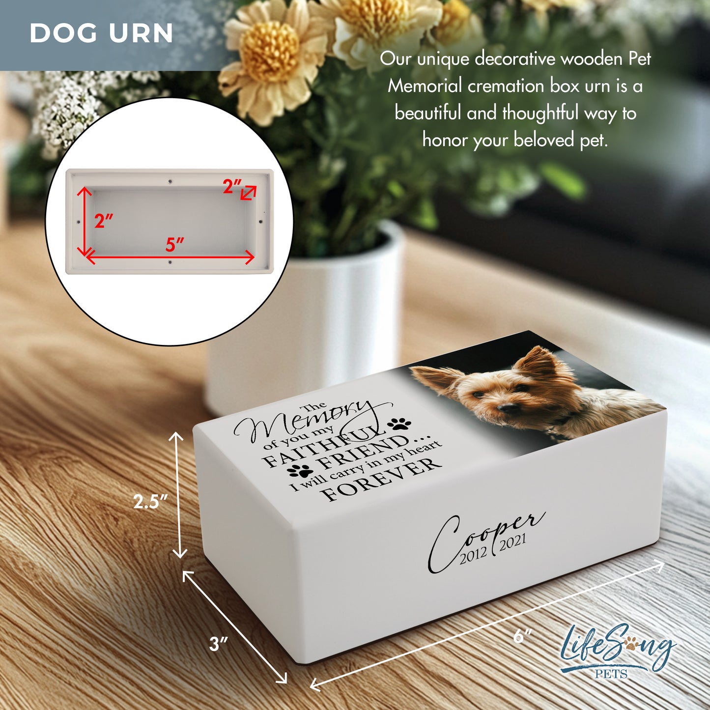 A detailed size diagram of the wooden pet urn, showing its dimensions.