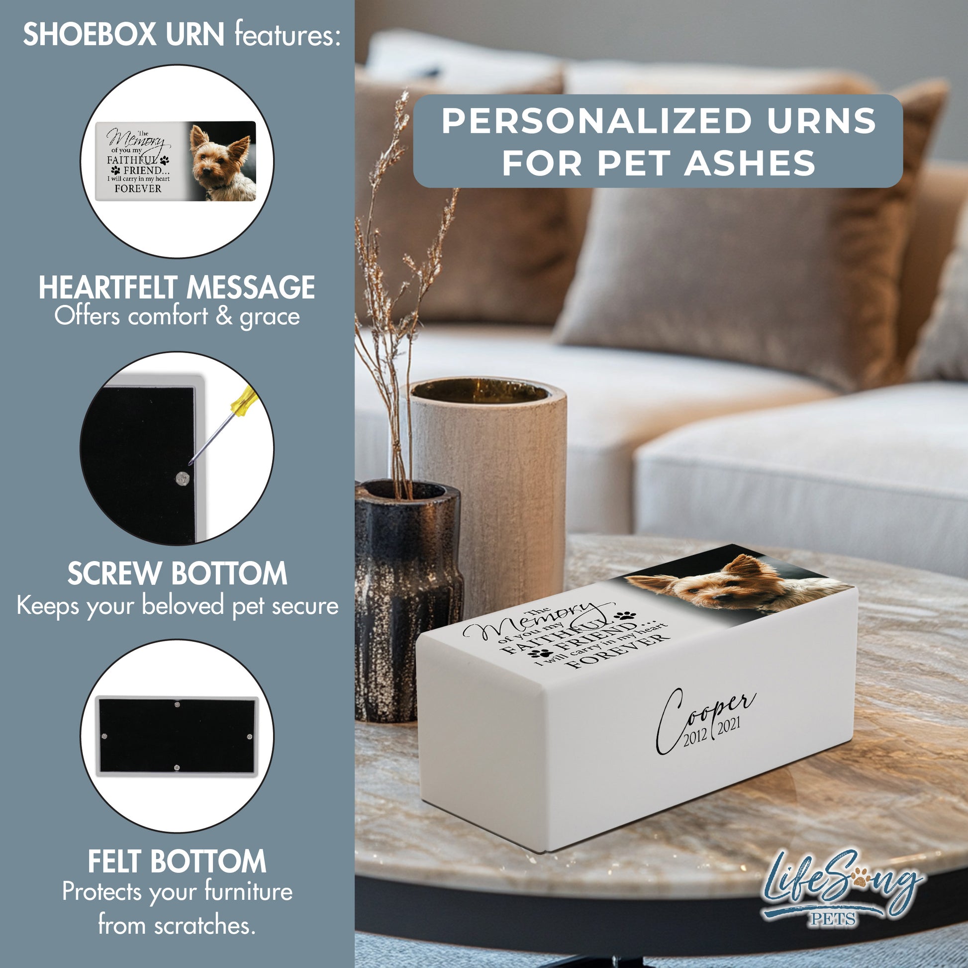 A white shoebox-style pet urn with a heartfelt inscription, secure screw bottom, and felt base for scratch protection.