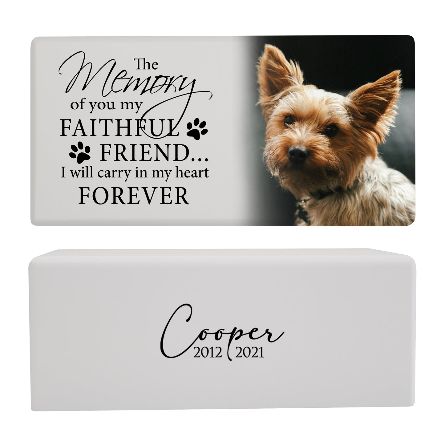 White Wooden Dog Urn for Pet Ashes featuring a Yorkie image, sentimental message, and engraved nameplate to honor a beloved pet.