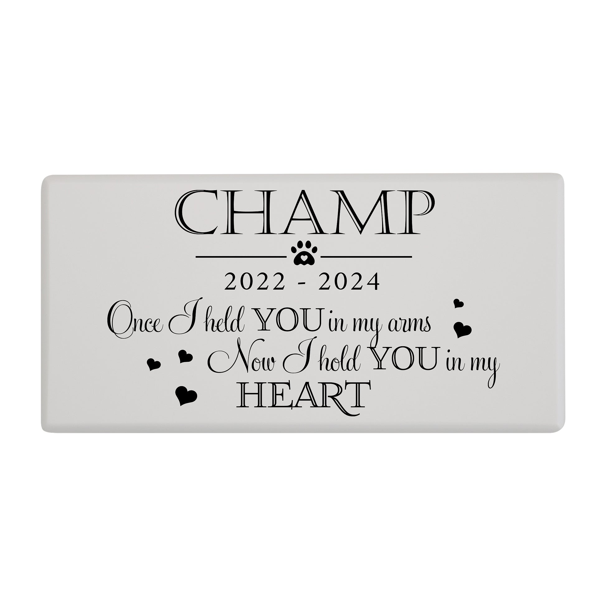A white pet cremation urns with a heartfelt message in white script