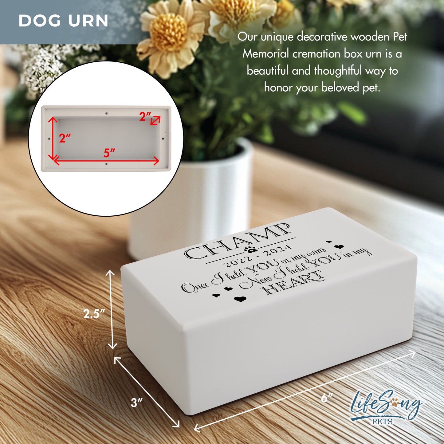 A detailed size diagram of the wooden pet urn, showing its dimensions.