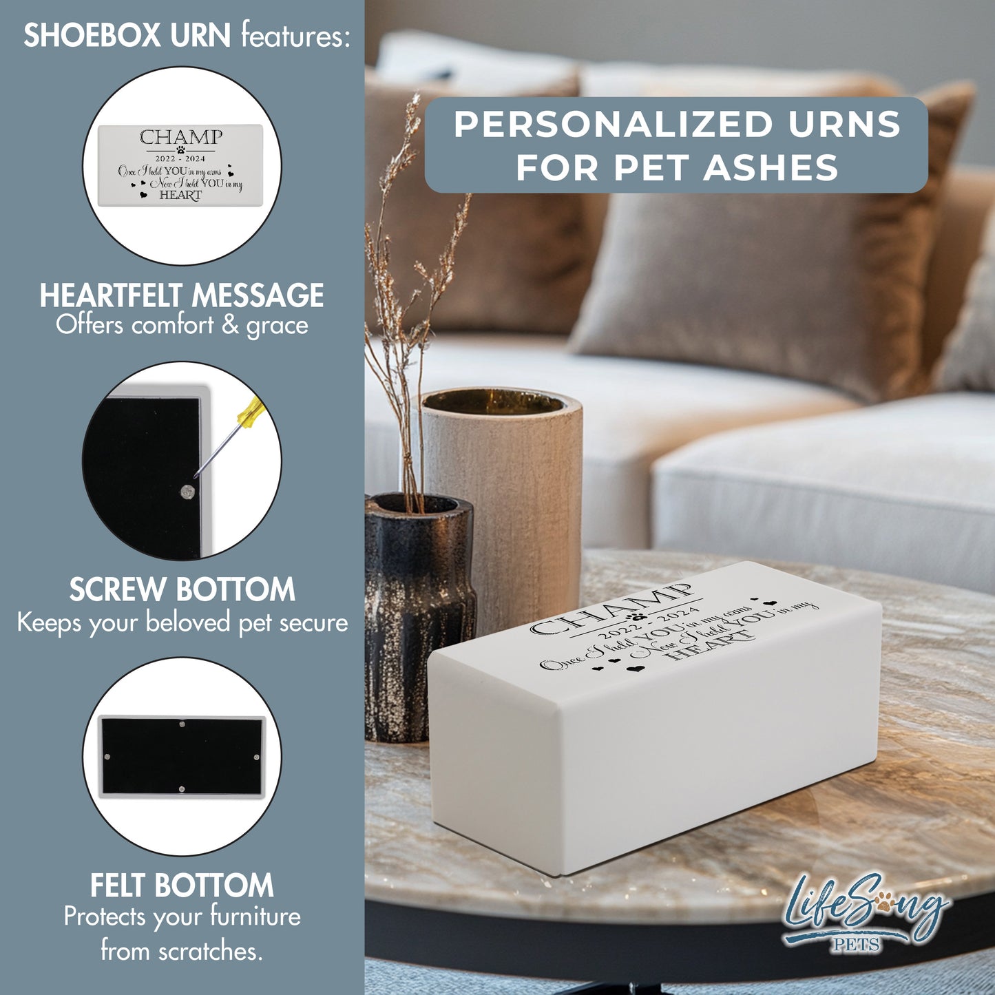 A white shoebox-style pet urn with a heartfelt inscription, secure screw bottom, and felt base for scratch protection.