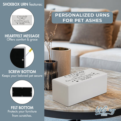 A white shoebox-style pet urn with a heartfelt inscription, secure screw bottom, and felt base for scratch protection.