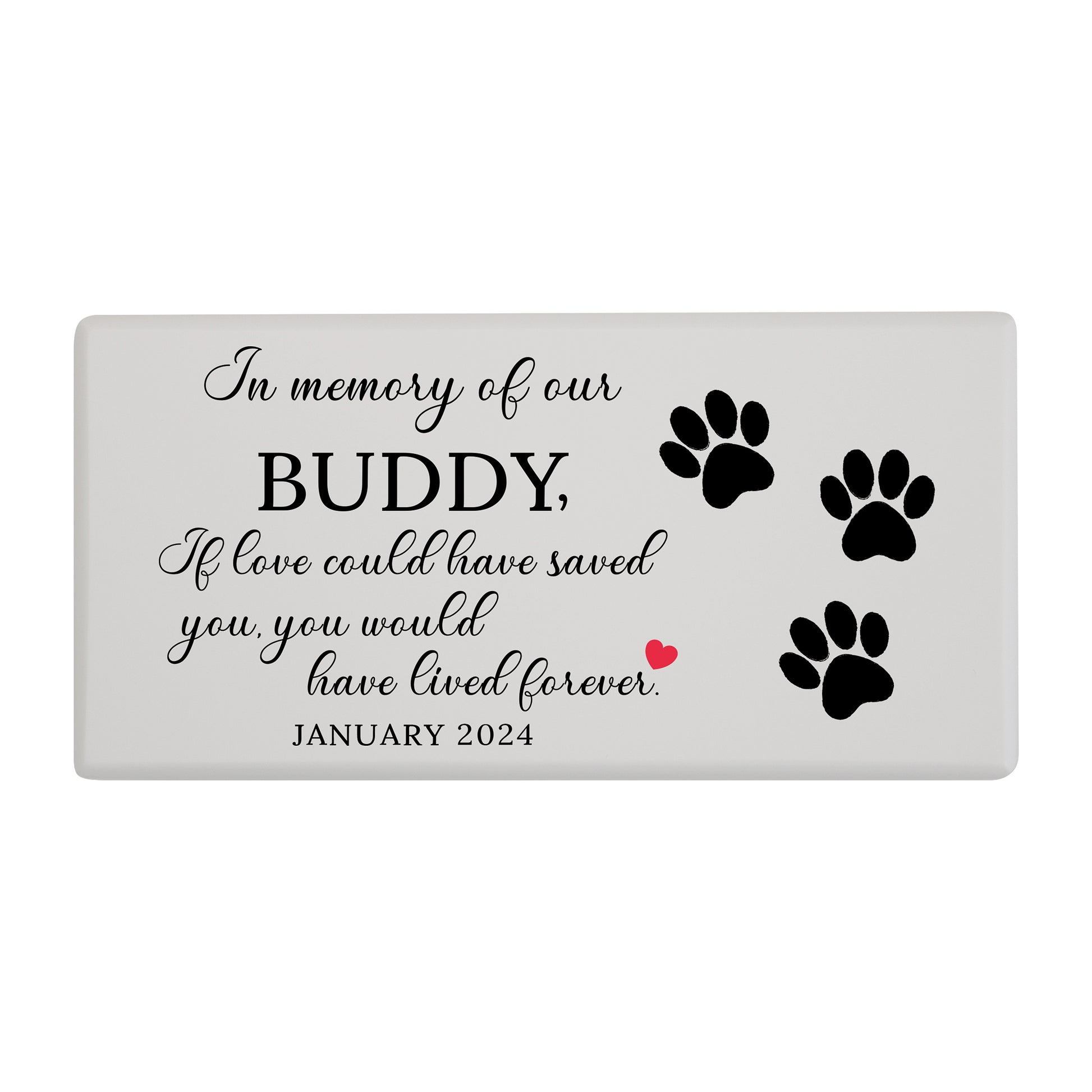 A white wooden pet urn for a pet named Buddy with paw prints and a loving quote.