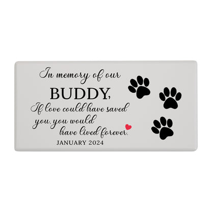 A white wooden pet urn for a pet named Buddy with paw prints and a loving quote.