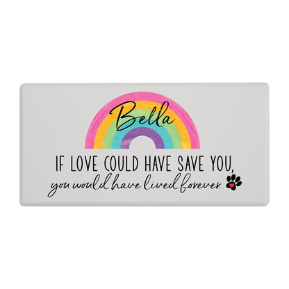 A white wooden pet urn for a pet with rainbow design and a heartfelt quote.