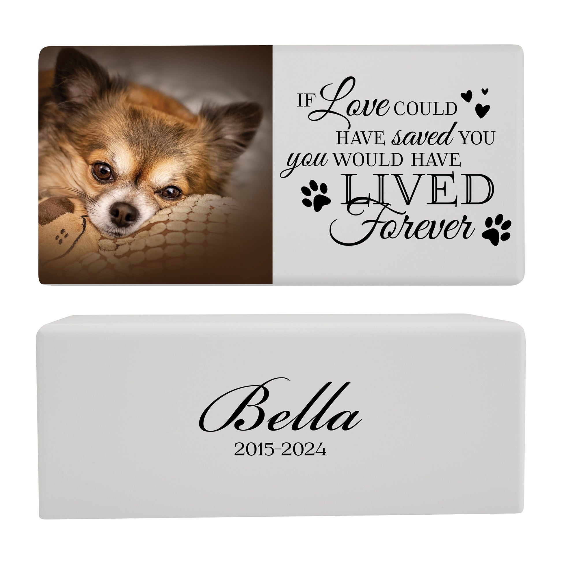 A white wooden pet urn for a pet with pawprints design and a heartfelt quote.