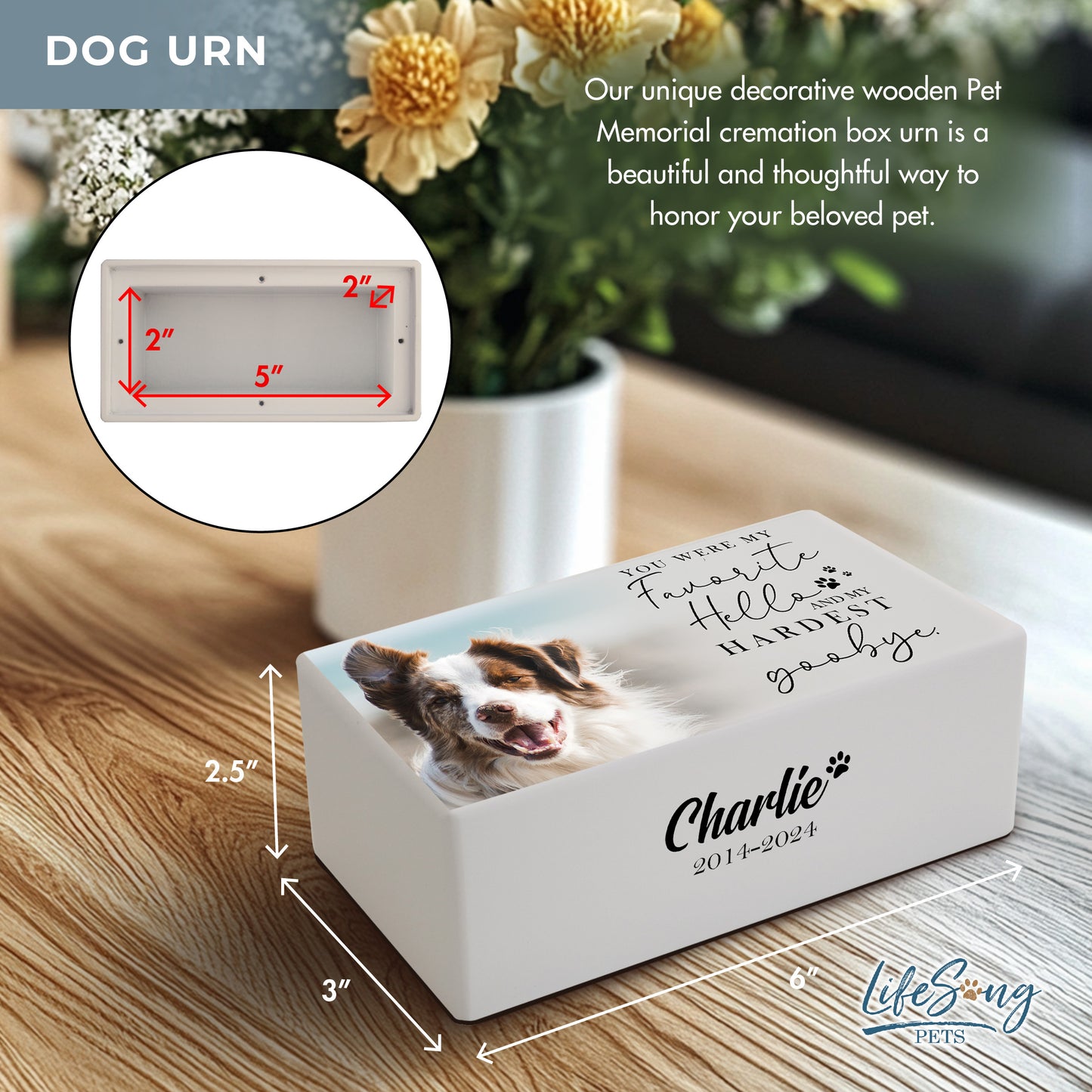 A detailed size diagram of the wooden pet urn, showing its dimensions.