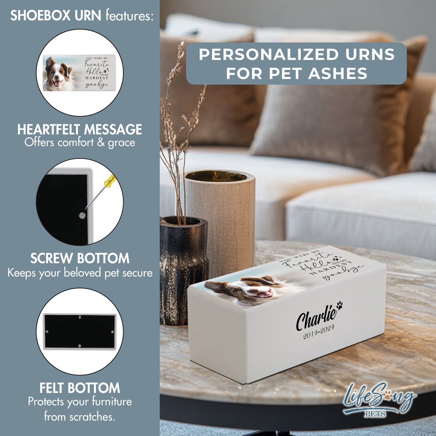 A white shoebox-style pet urn with a heartfelt inscription, secure screw bottom, and felt base for scratch protection.