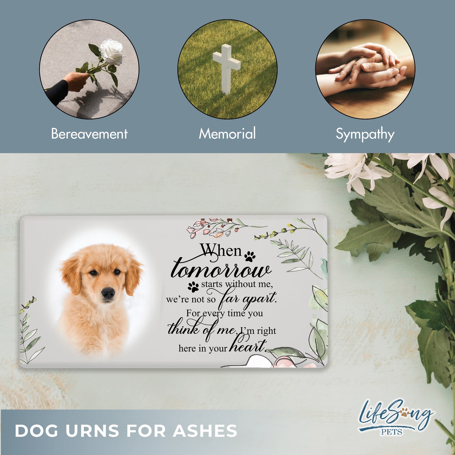 A white shoebox-style pet urn with a heartfelt inscription, secure screw bottom, and felt base for scratch protection.
