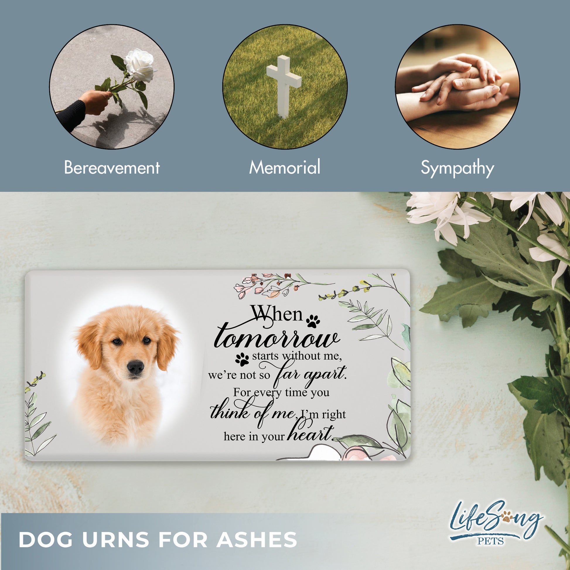 A white shoebox-style pet urn with a heartfelt inscription, secure screw bottom, and felt base for scratch protection.