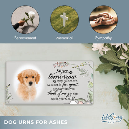 A white shoebox-style pet urn with a heartfelt inscription, secure screw bottom, and felt base for scratch protection.