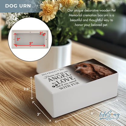 A detailed size diagram of the wooden pet urn, showing its dimensions.