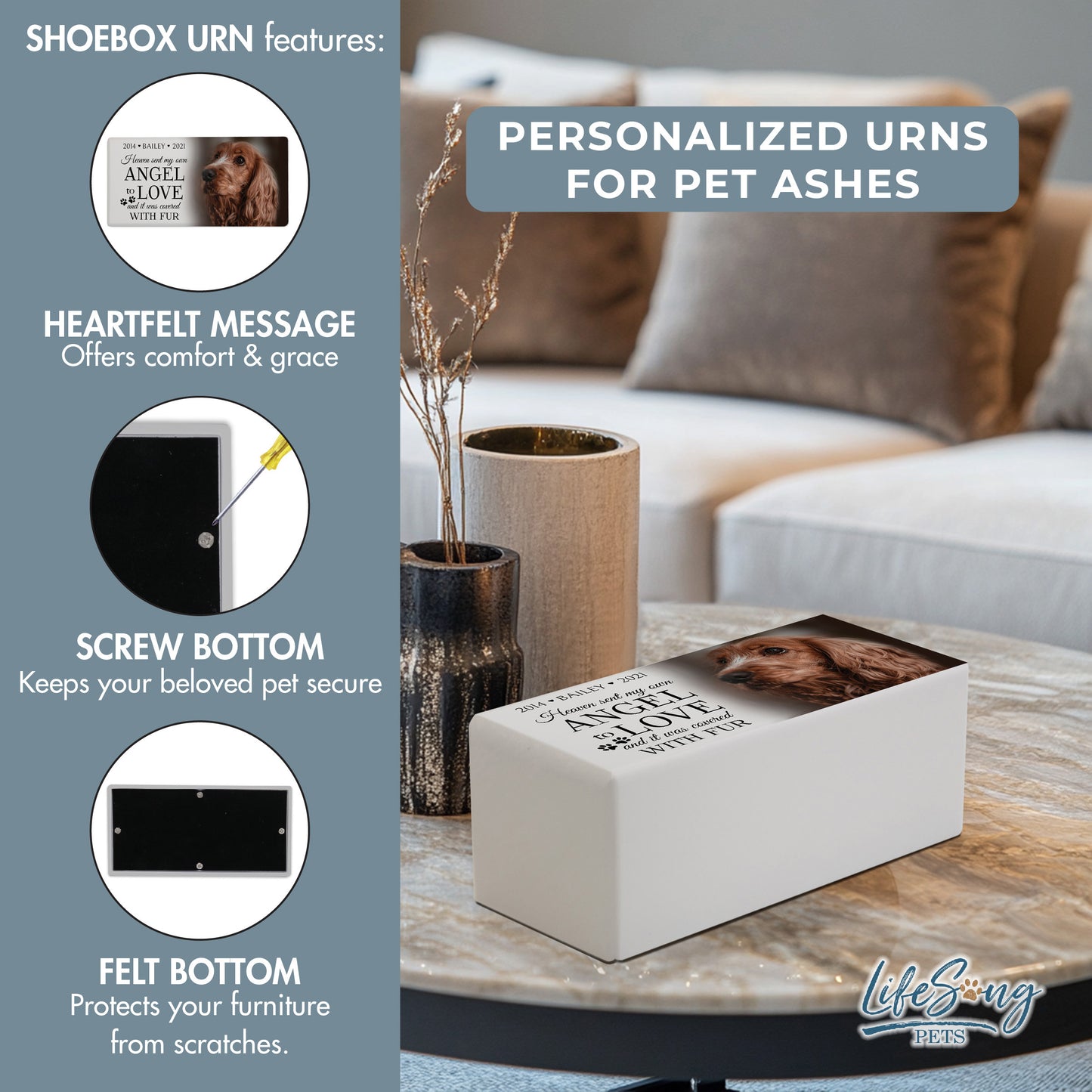 A white shoebox-style pet urn with a heartfelt inscription, secure screw bottom, and felt base for scratch protection.