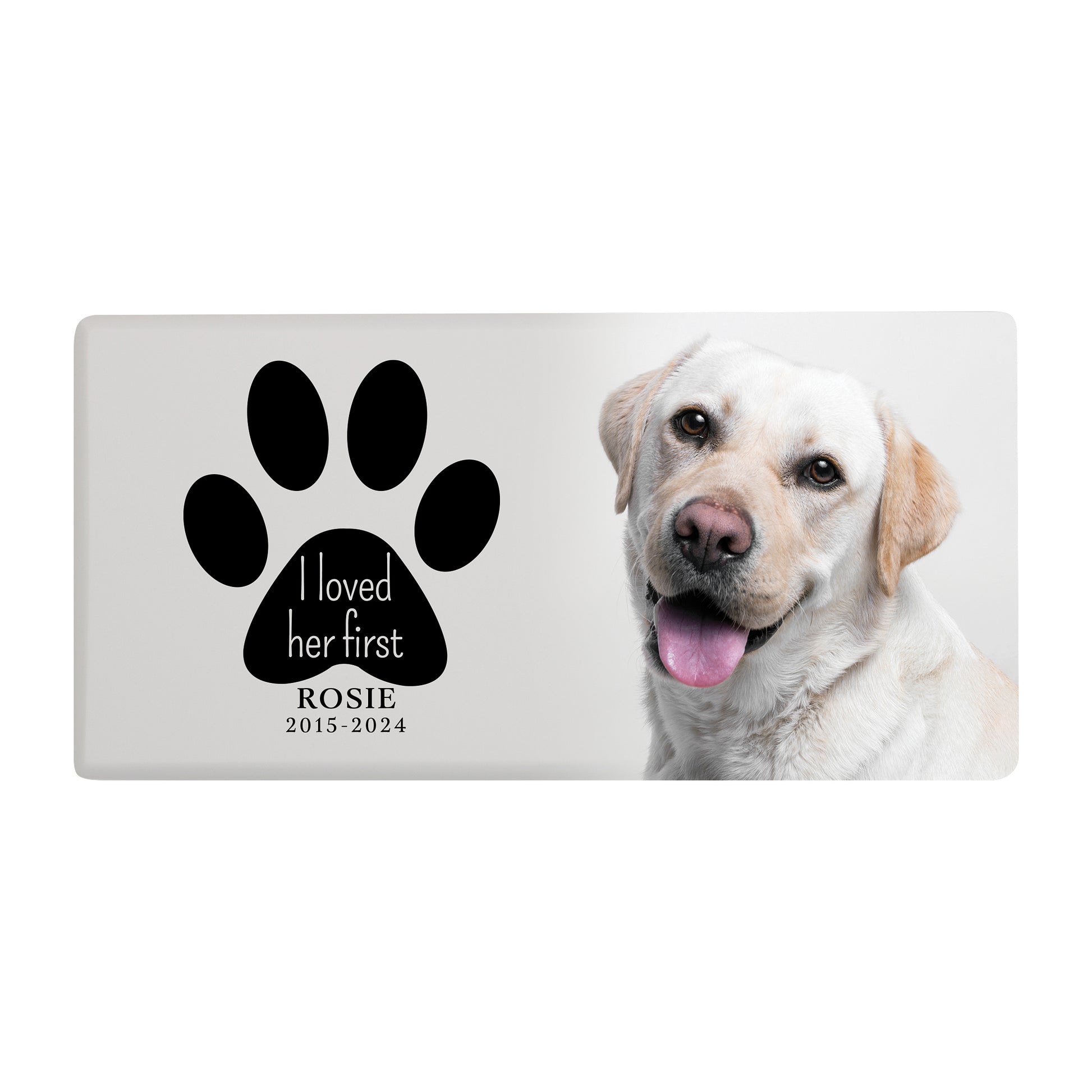 Dog Memorial Urn for Ashes with a black paw print and photo of a Labrador.