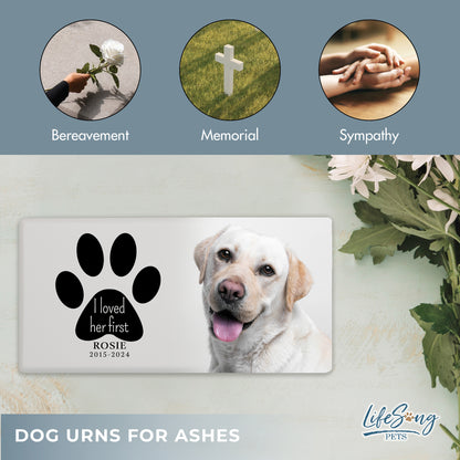 A white shoebox-style pet urn with a heartfelt inscription, secure screw bottom, and felt base for scratch protection.