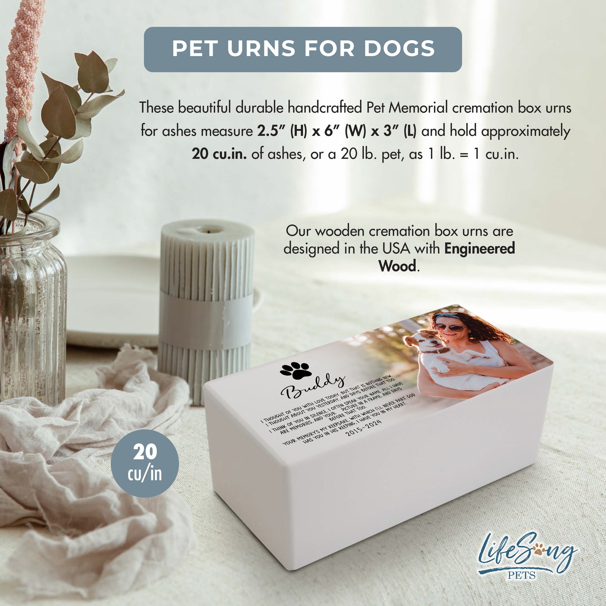 A white wooden urn for dog ashes, customizable with a photo and text, designed to hold up to 20 cubic inches.