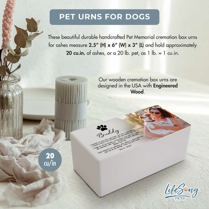 A white wooden urn for dog ashes, customizable with a photo and text, designed to hold up to 20 cubic inches.