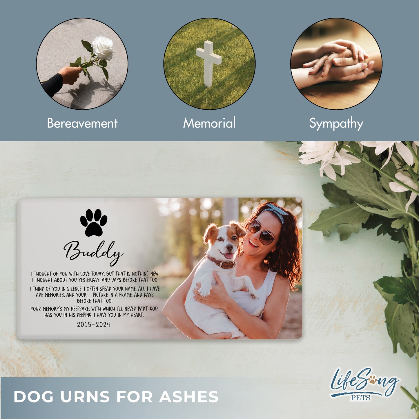 A close-up of the urn's lid featuring a pet memorial poem and a photo of a woman with her dog.