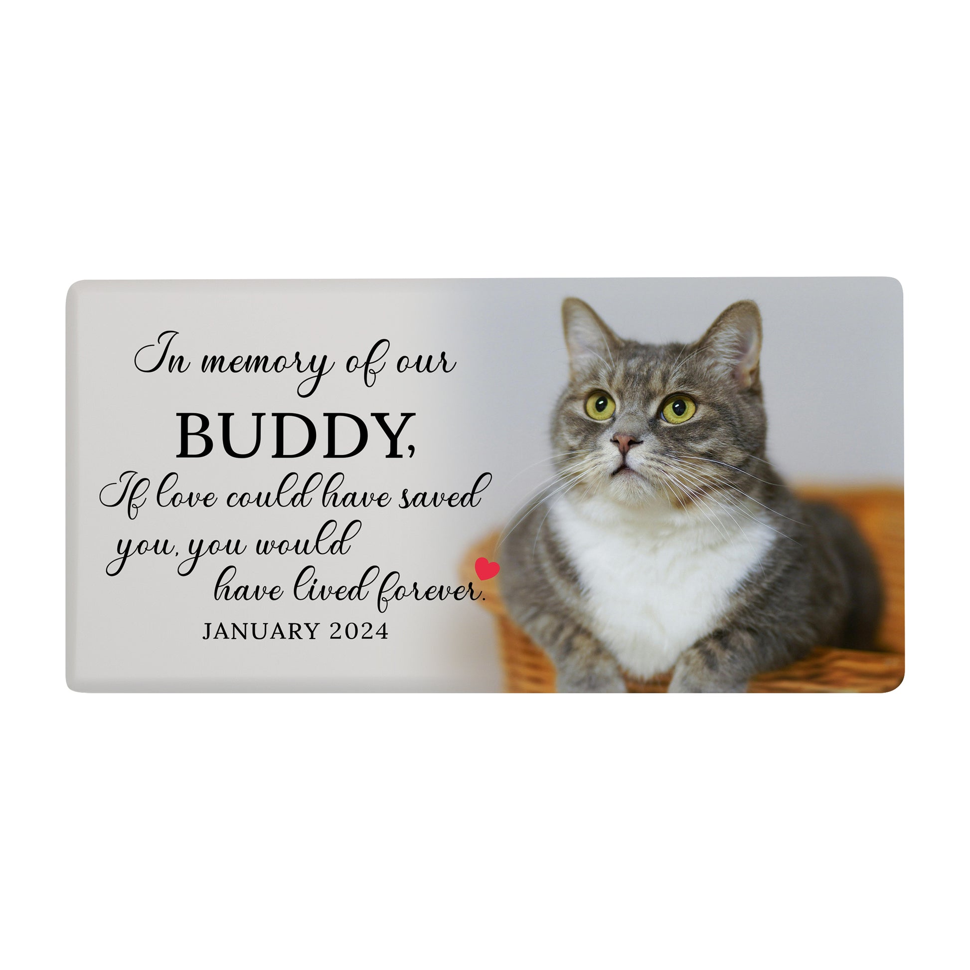 A white wooden pet urn for a cat with a heartfelt message.