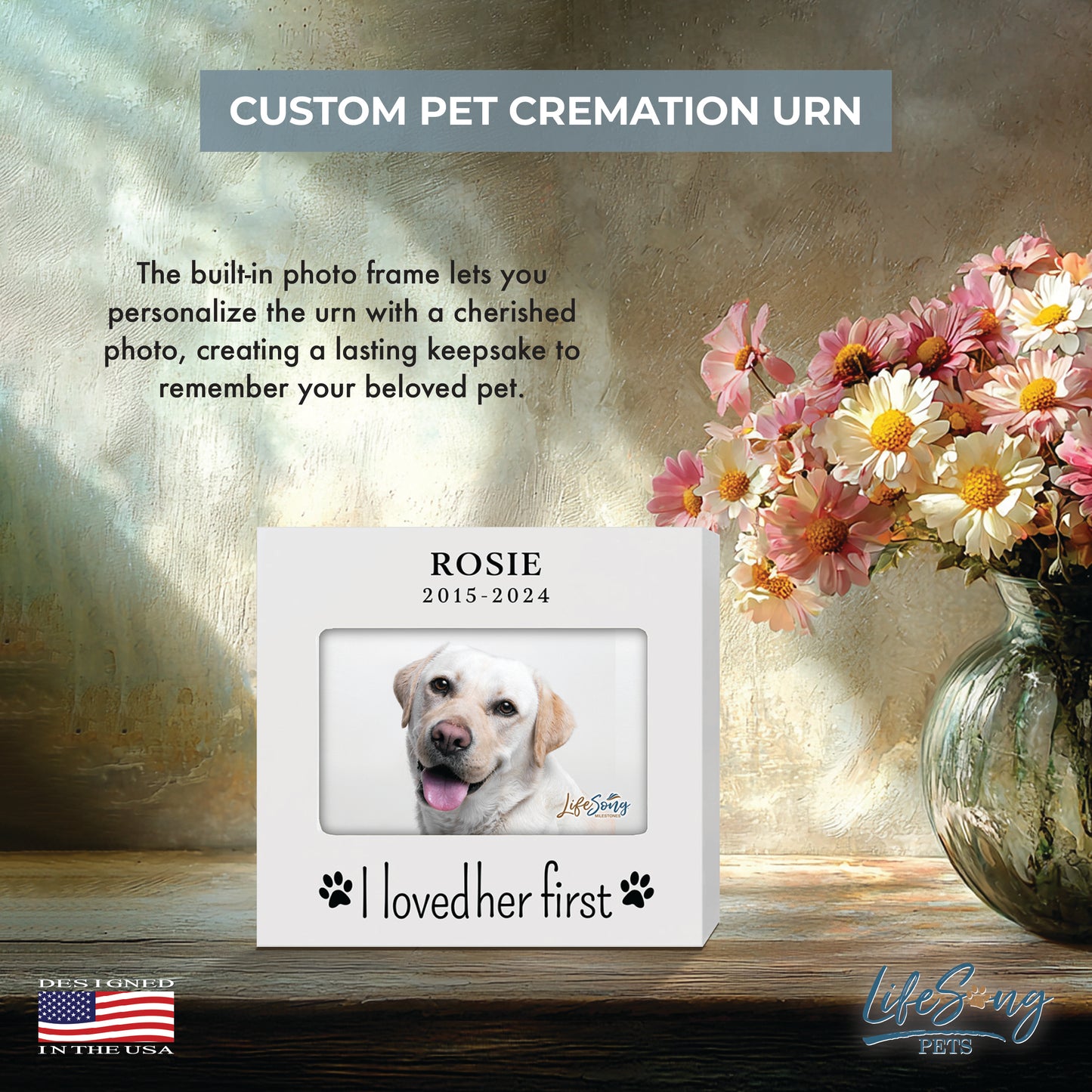 Personalized Wooden Pet Urn with Photo – Handcrafted Pet Remembrance Urn for Dogs & Cats - I Loved Her First
