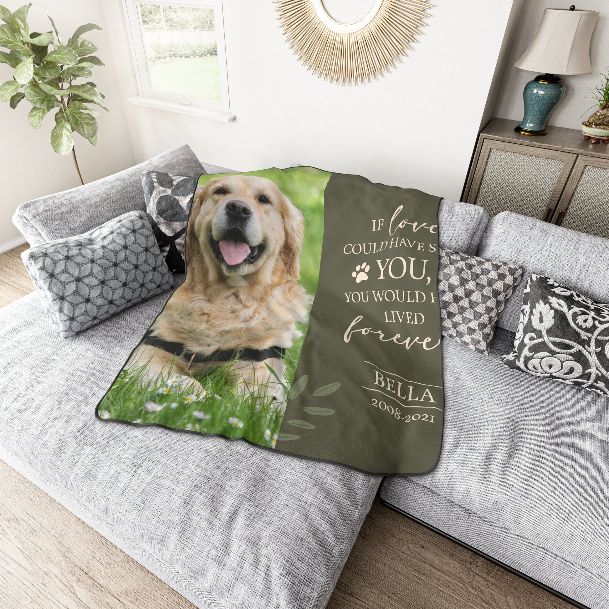 personalized pet memorial blanket with custom photo of pet dog or cat 